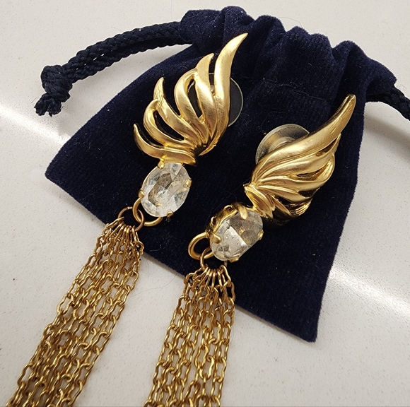 Nissa Gold-Tone Wing Tassel Earrings with Crystal Accents - Picture 2 of 4